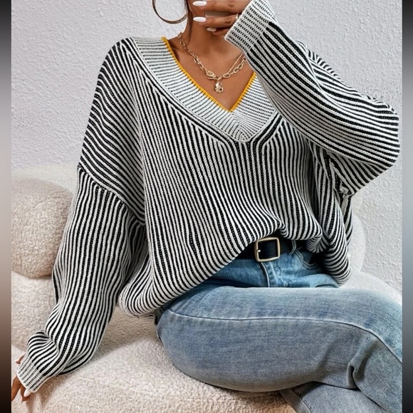 Plus size striped V neck sweater top - Picture 2 of 12